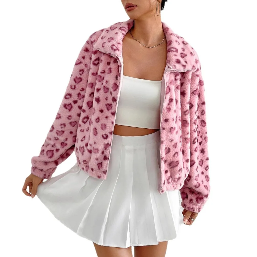 Giacca da donna oversize in pile lucido con zip intera Stampa a cuore leopardato Manica lunga Ispirata Y2K Cappotto in peluche autunno inverno Pronto regalo