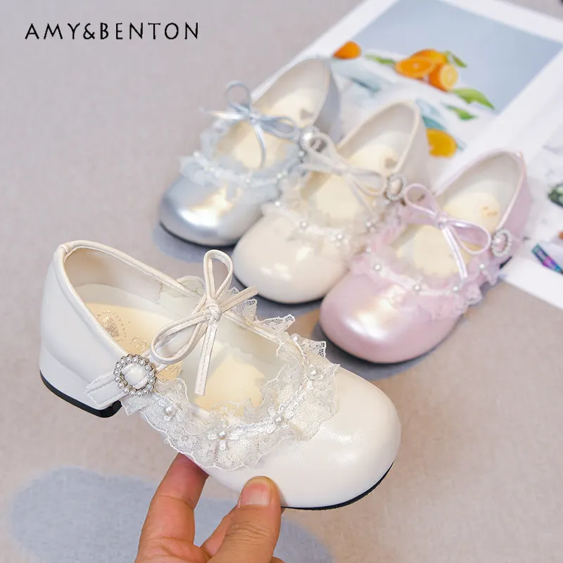 

2026 Arrival Girls' Low Heel Princess Shoes with Lace Bow and Pearl Trim Kids' Mary Jane Dress Shoes for Parties Performances