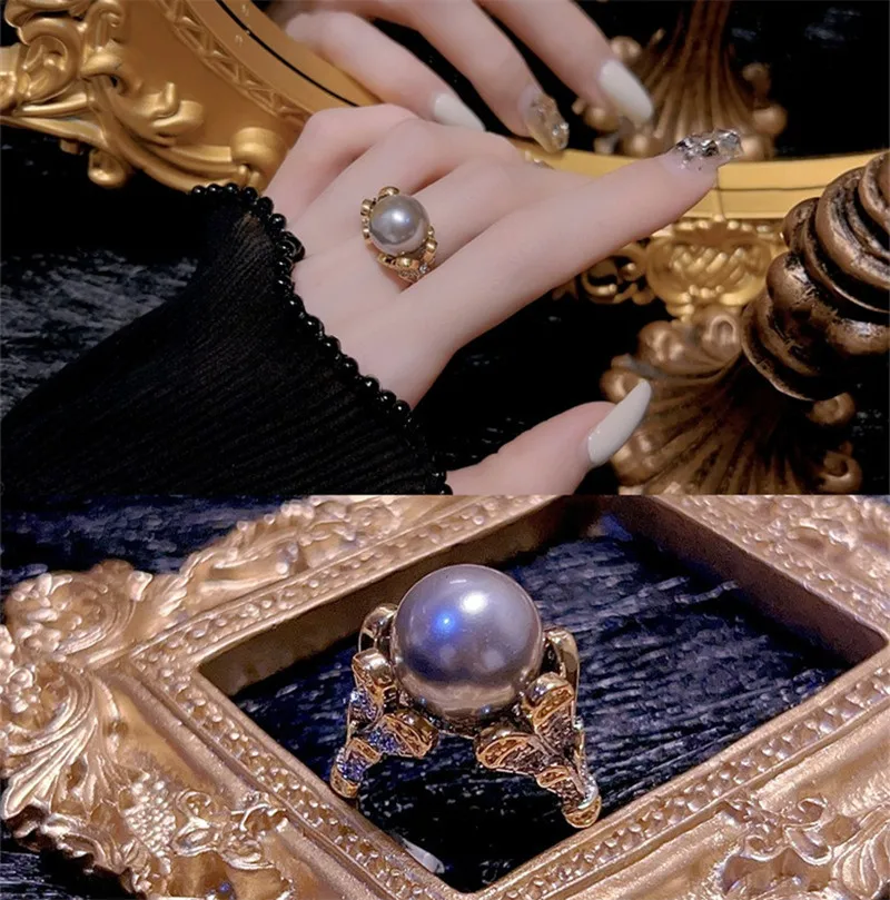 

Vintage Royal Black Pearl Diamonds Luxury Rings for Women Luxury Ladies' Exquisite Finger Bands Jewelry Bijoux Party Accessory