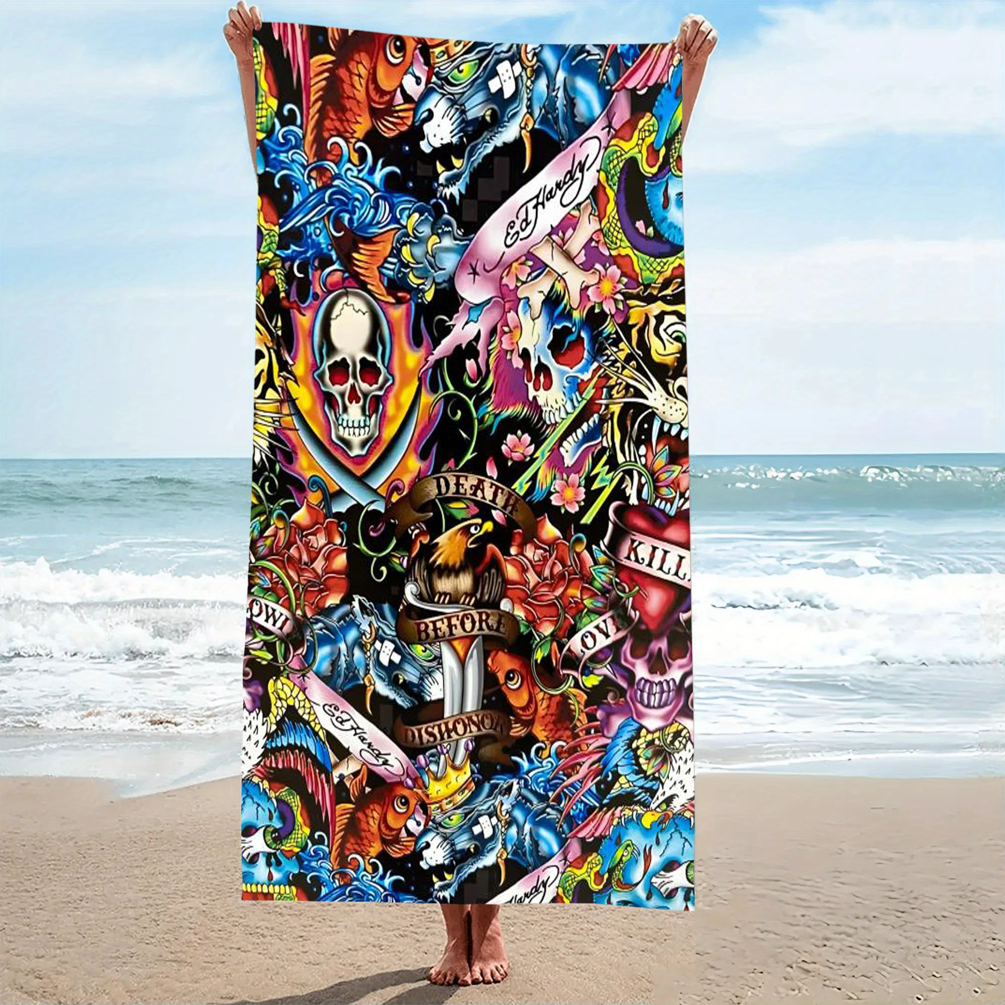 Ed Hardy Vintage Beach Towel Microfiber Quick Dry Streetwear Bath Towel For Pool Beach Travel Tattoo Lovers Gift