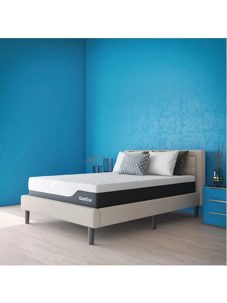 Chill 14 Inch Medium Firm Memory Foam Mattress Queen Size, with 2 Bonus CoolGel Memory Foam Bed Pillows, 14" with Press