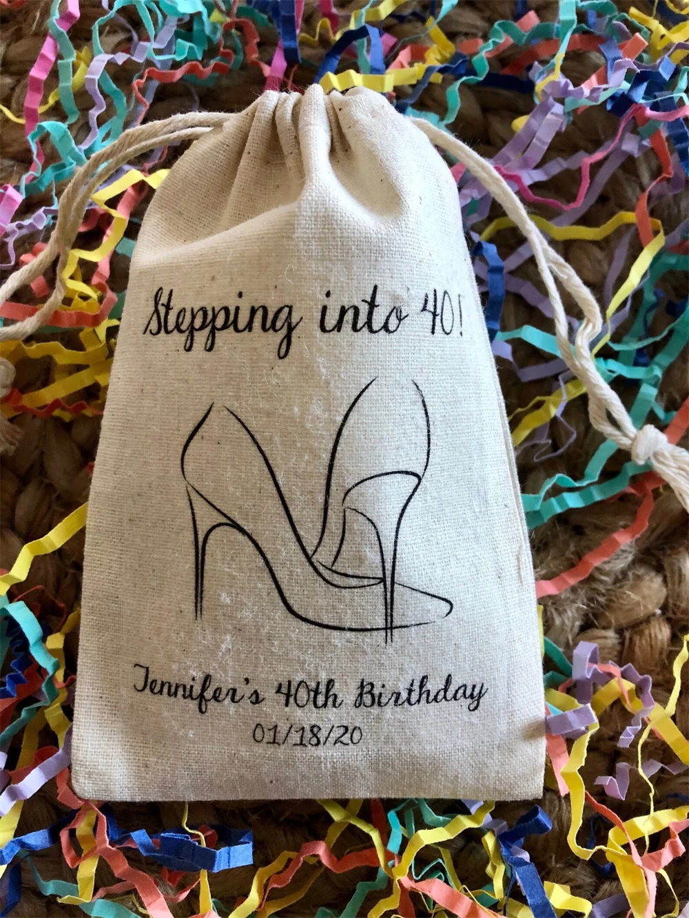 

20pcs Personalized Party Favor Bags "Stepping into 40" High Heal Diva 40th Birthday Custom Muslin Cotton Bags