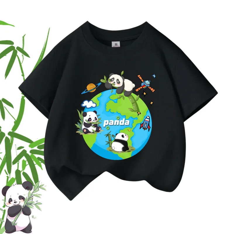 Summer Panda Printed Children's Short Sleeve Summer Pure Cotton Round Neck Top Parent Child Trendy Printed Clothing