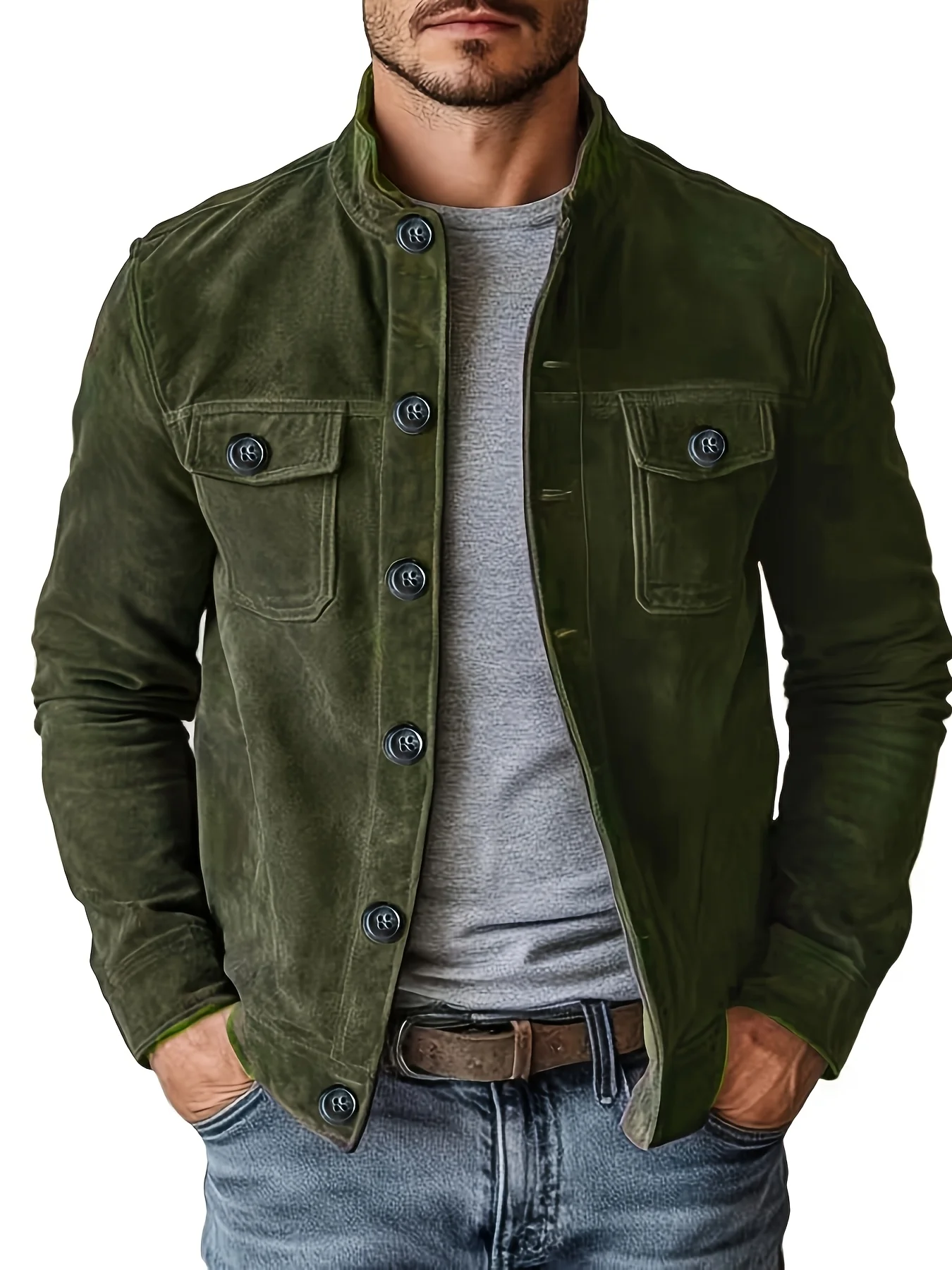 Men's Faux Suede Stand Collar Jacket Vintage Button Front Coat Chest Pockets Casual Workwear Outerwear Spring Autumn Male Clothes For Work or Daily