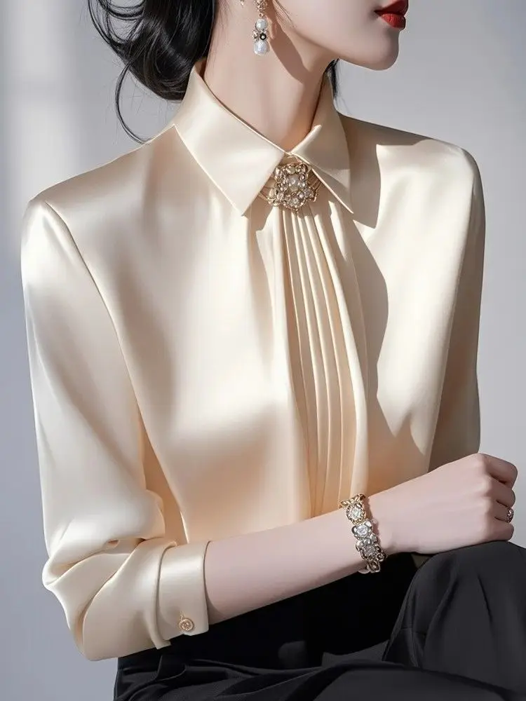 بلوزات الحرير الساتان المرأة طويلة الأكمام بلوزات غير رسمية الخريف الربيع مكتب سيدة لباس غير رسمي البلوزات حجم كبير