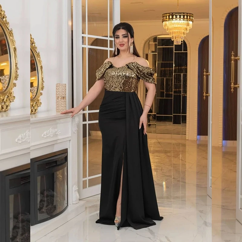 فساتين سهرة أنيقة مع ترتر بدون أكمام بدون حمالات سبليت للنساء فستان رسمي أسود حورية البحر للحفلات الراقصة حسب الطلب #1