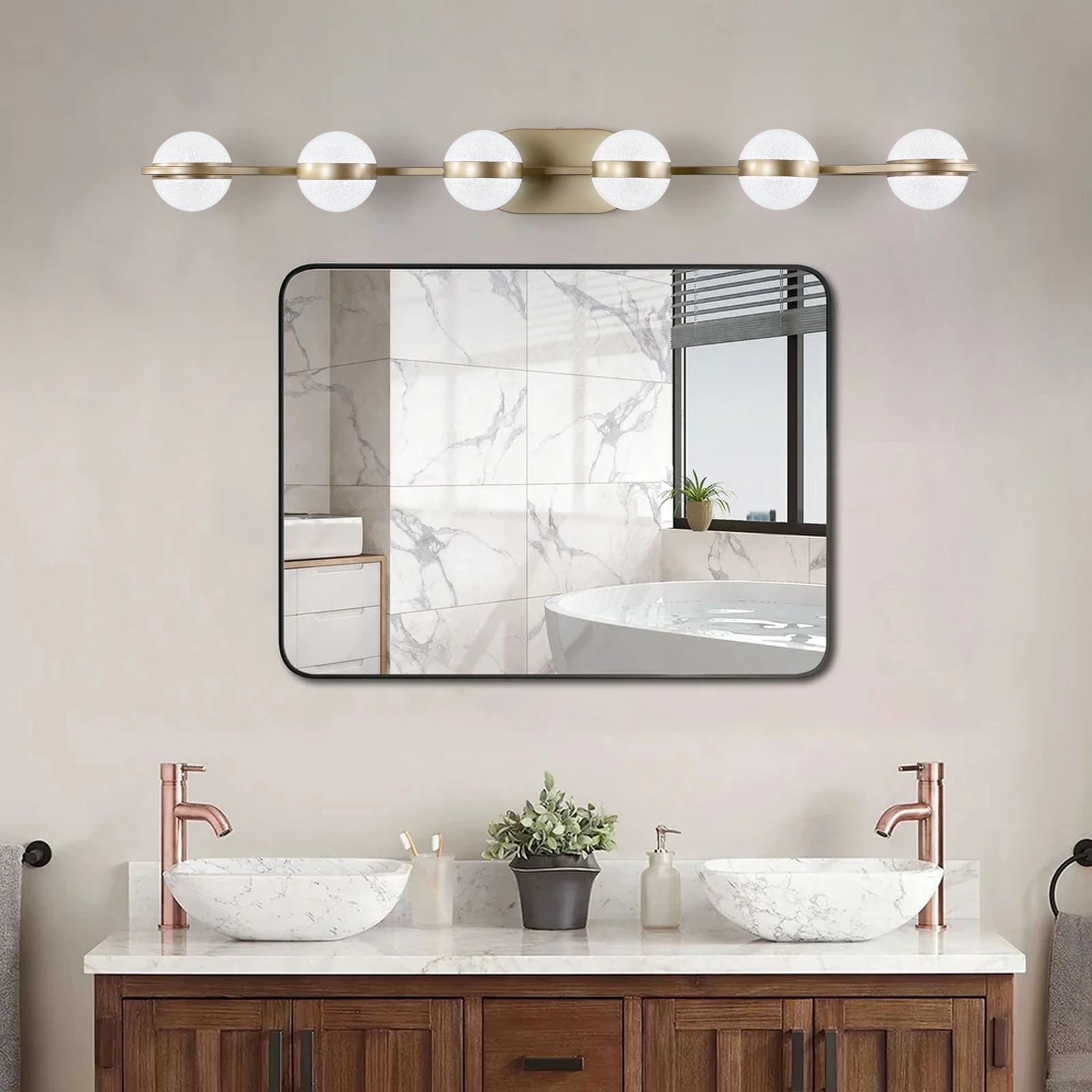 

Modern Minimalist Gold Bathroom Vanity Light, LED 6 Bulb Frosted Glass Shades, Wall Mounted Decorative Lighting Fixture