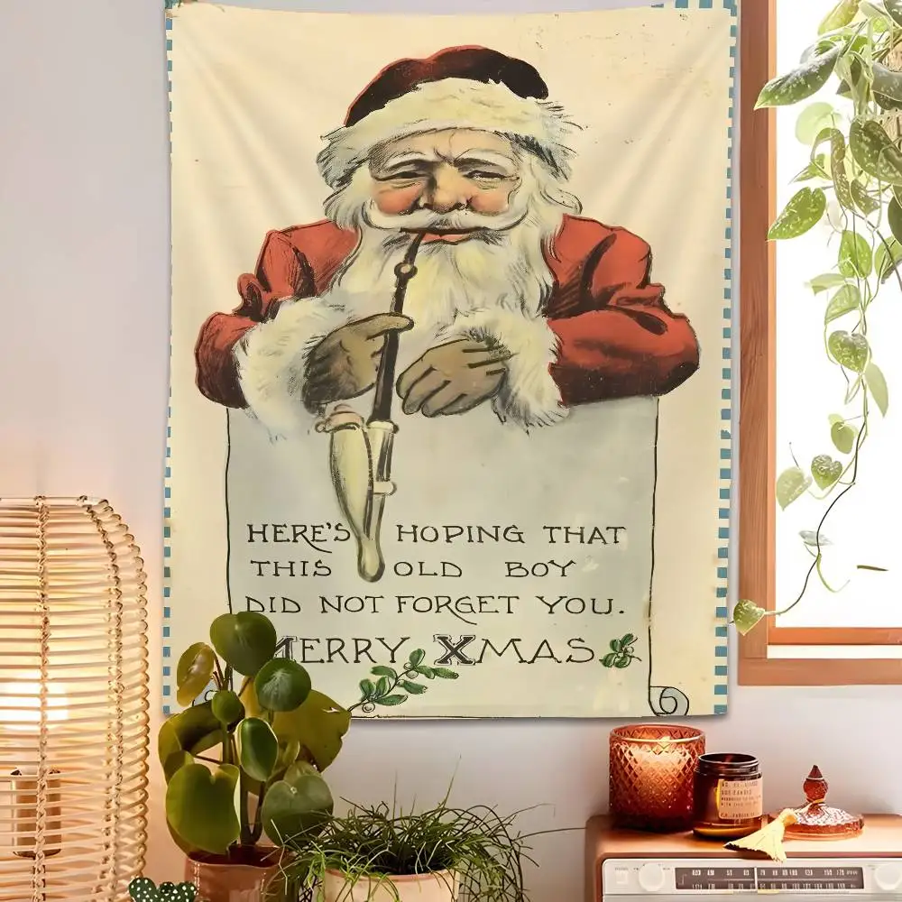 

Retro Christmas Santa Claus Tapestry Bedroom Living Bar Garden Outdoor Microfiber Festival Decoration Background Art Banner
