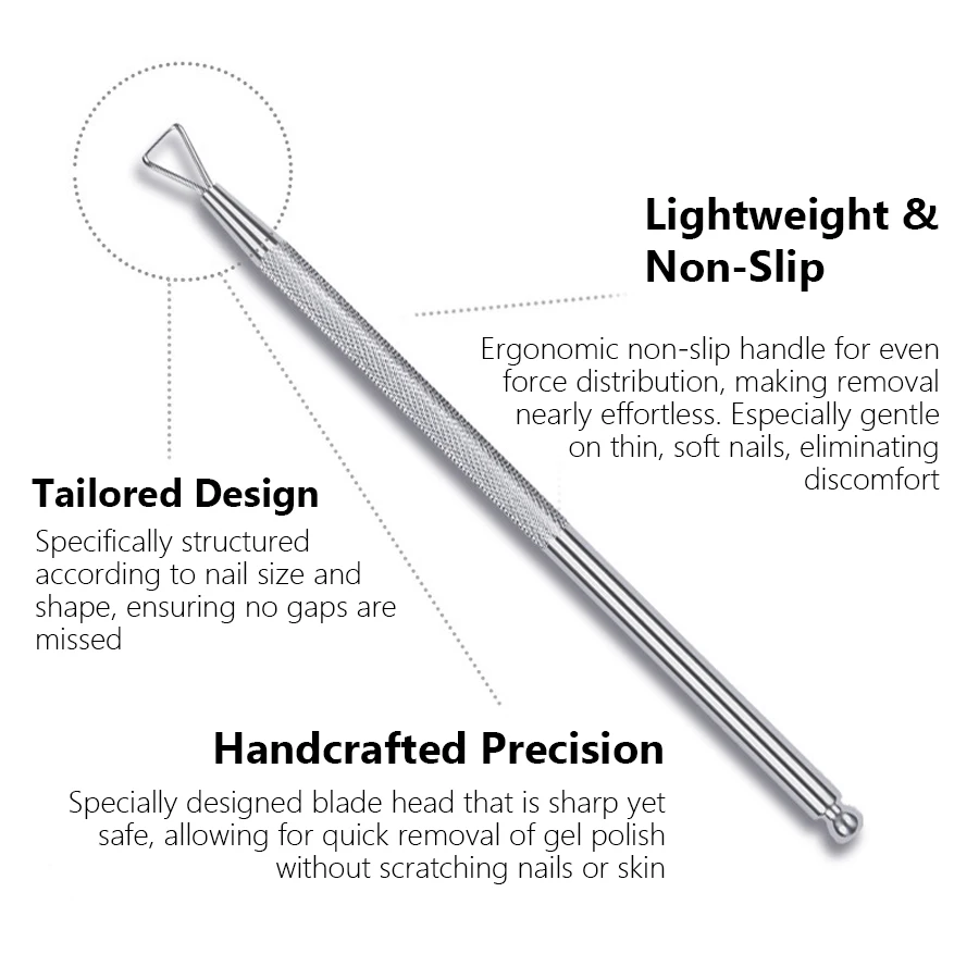 Herramienta removedora de esmalte de uñas de acero inoxidable holográfico plateado, raspador de uñas de gel, empujador de cutículas para uso doméstico y en salón