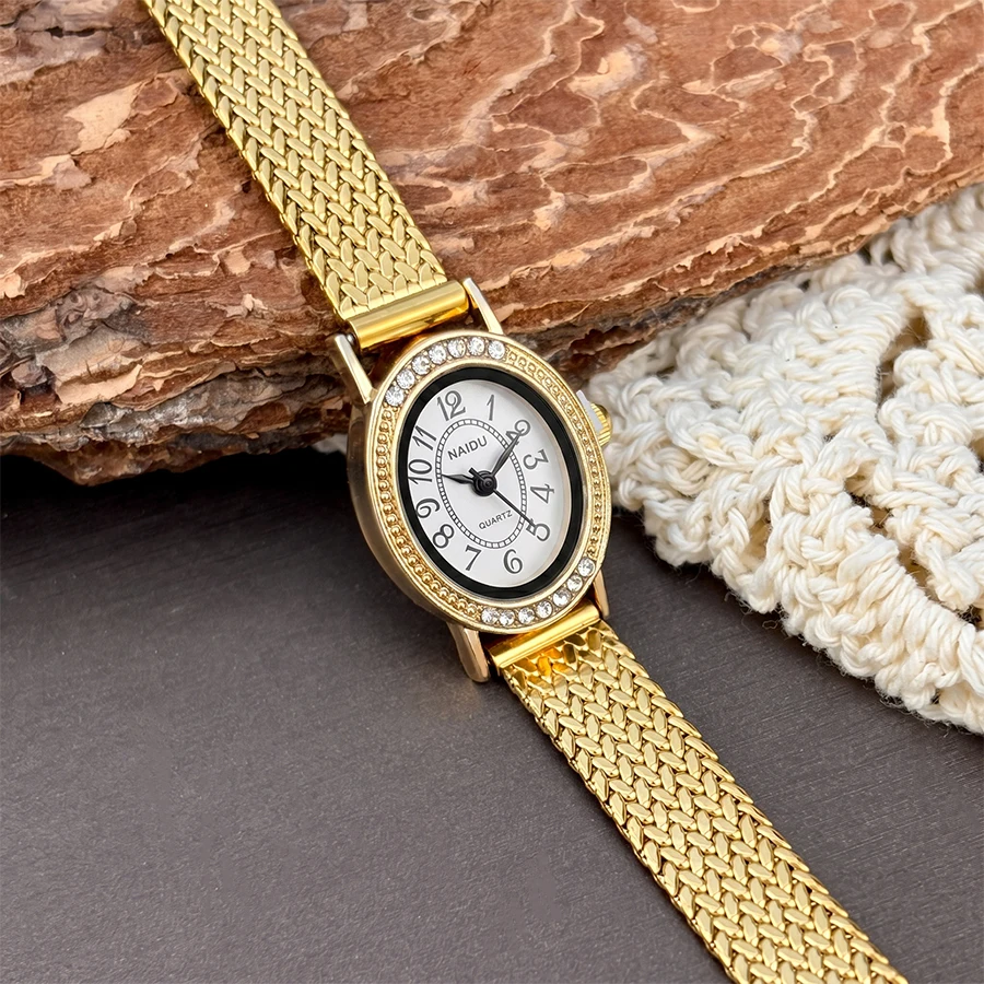 Vintage Watch for Ladies: Oval Diamond-Set Dial Wheat Grain Steel Band Classic Retro Women's Wrist Watch