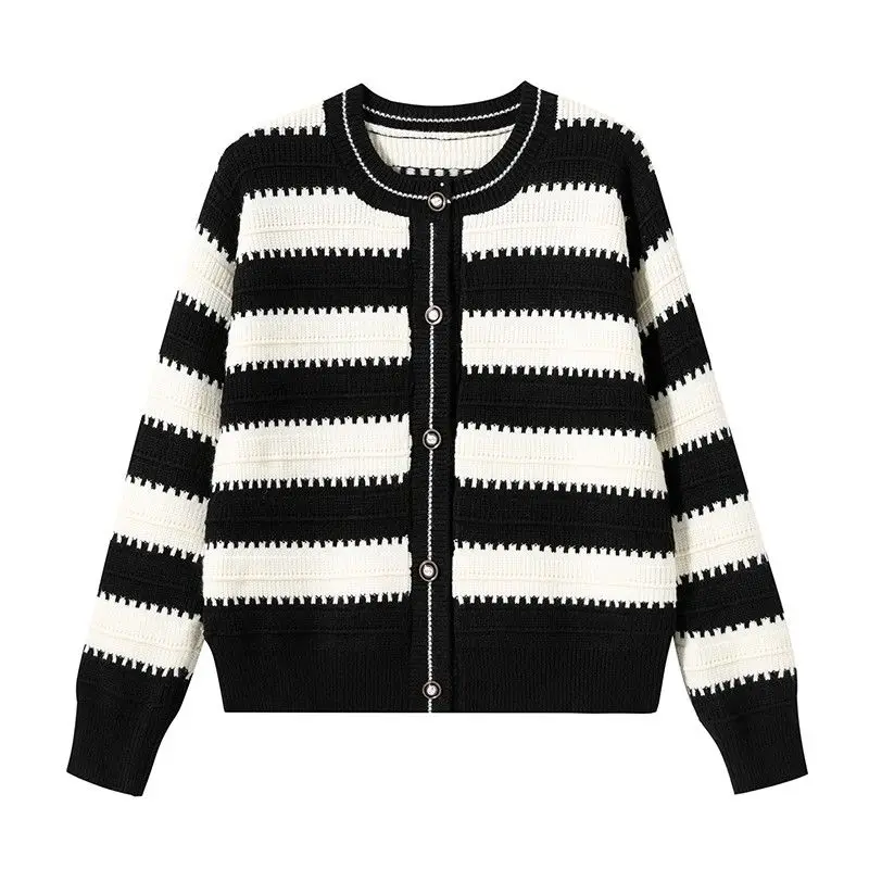 Women\'s Korean Fashion Elegant Chic Striped Single Breasted Knitted Cardigan Autumn Winter O Neck Long Sleeve Slim Sweater Coat