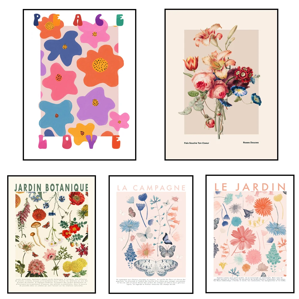 Le Jardin, La Campagne, estampado floral, jardín botánico, paz y amor, rosas, estampado de mariposas, naturaleza muerta, cartel francés