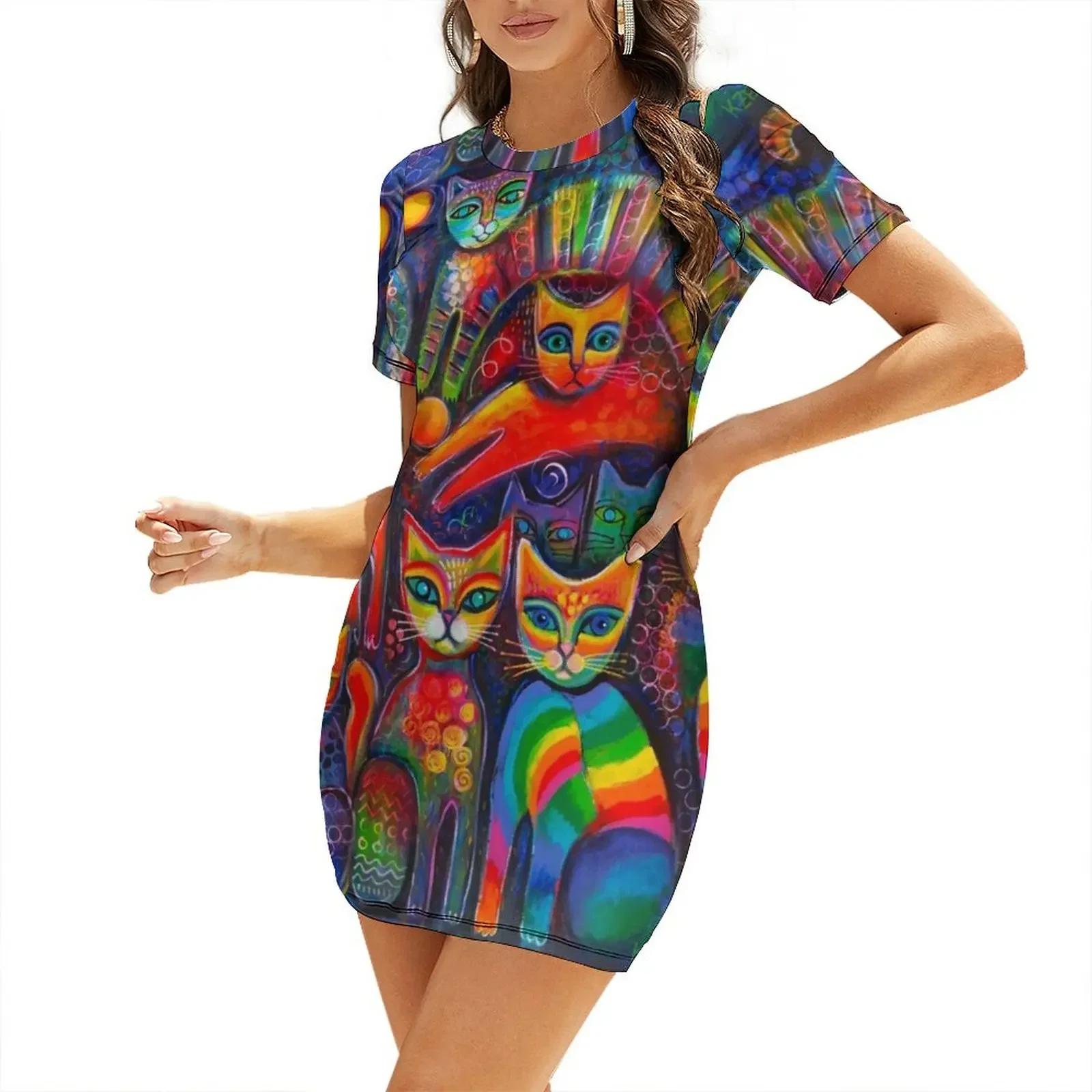 

Rainbow cats acrylics Short-Sleeved Dress Long dress woman Women's dresses women dress
