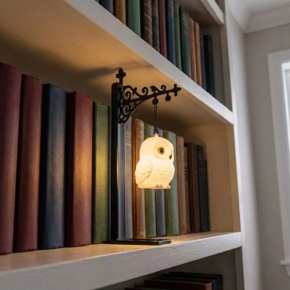 Vintage Owl Bookshelf Lamp Deer Bird Wrought Iron Bookend Shelf Lamp Fantasy Cartoon Animal Hanging Lamp Reading Room