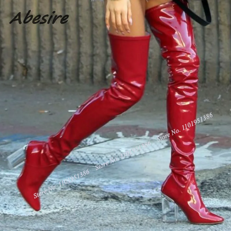 

Abesire Red Patent Leather Transparent Heel Boots for Women Over the Knee Back Zipper Thigh High Shoes Boots Zapatillas Mujer