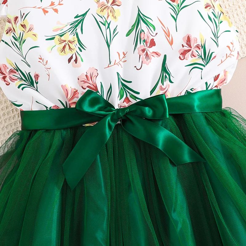 Summer Dress For 8-12 Years Grils Kids White Print Fly Sleeve Green Knee-Length Tulle Dress Casual Style Beach Holiday Clothes