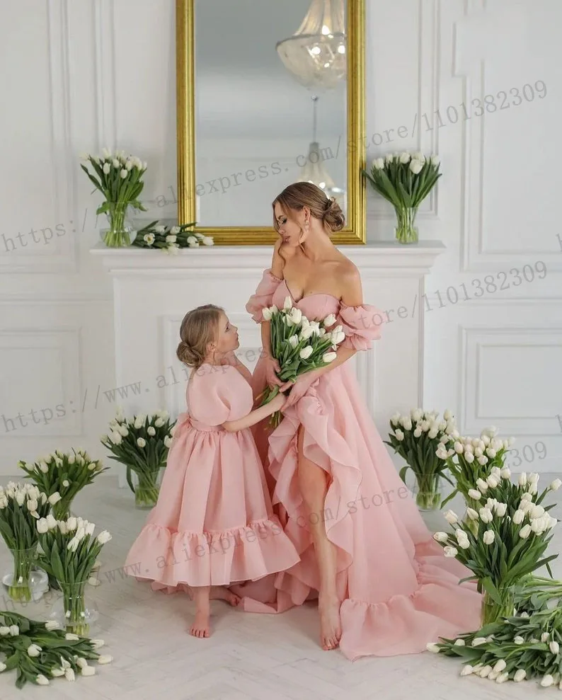 Elegant Pink Organza Mother Daughter Matching Dress Blush Mommy and Me Outfits for Photoshoot or Girls Birthday dresses