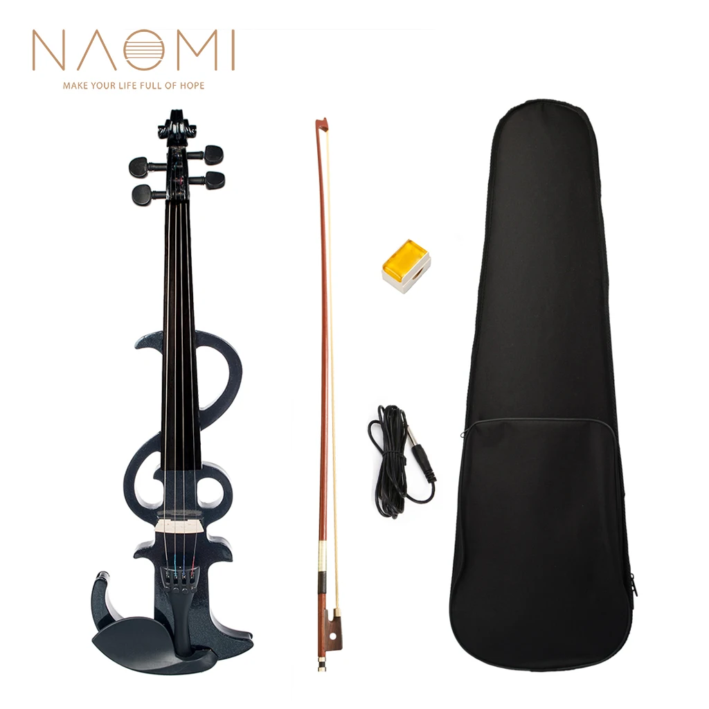 NAOMI Electric Violin Black Full Size 4/4 Solid Wood Metallic Electronic/Silent Violin w/ Ebony Fittings + Case+Brazilwood Bow