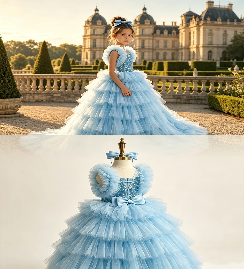 Vestidos de Niña para Bodas en Azul Cielo, con Tela de Malla Esponjosa, Apliques en Capas, Vestido de Primera Comunión y Fiesta de Noche