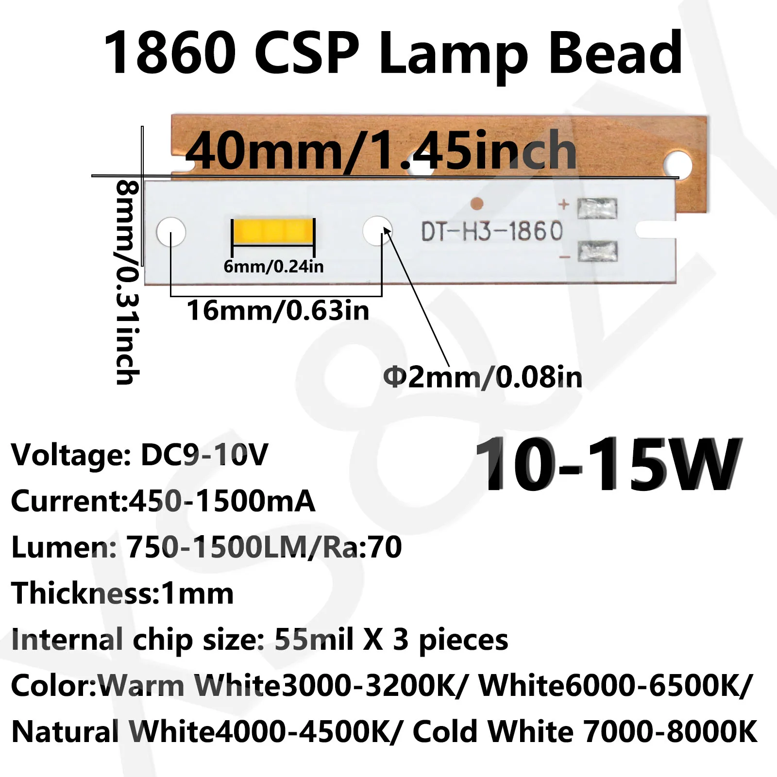 10-15W LED 1860 CSP Lamp Bead DC9-10V H1 H3 H7 1500LM Ra≥ 70 Four Color Automobile Headlamp Bead Detection Lamp Bead Replace DIY