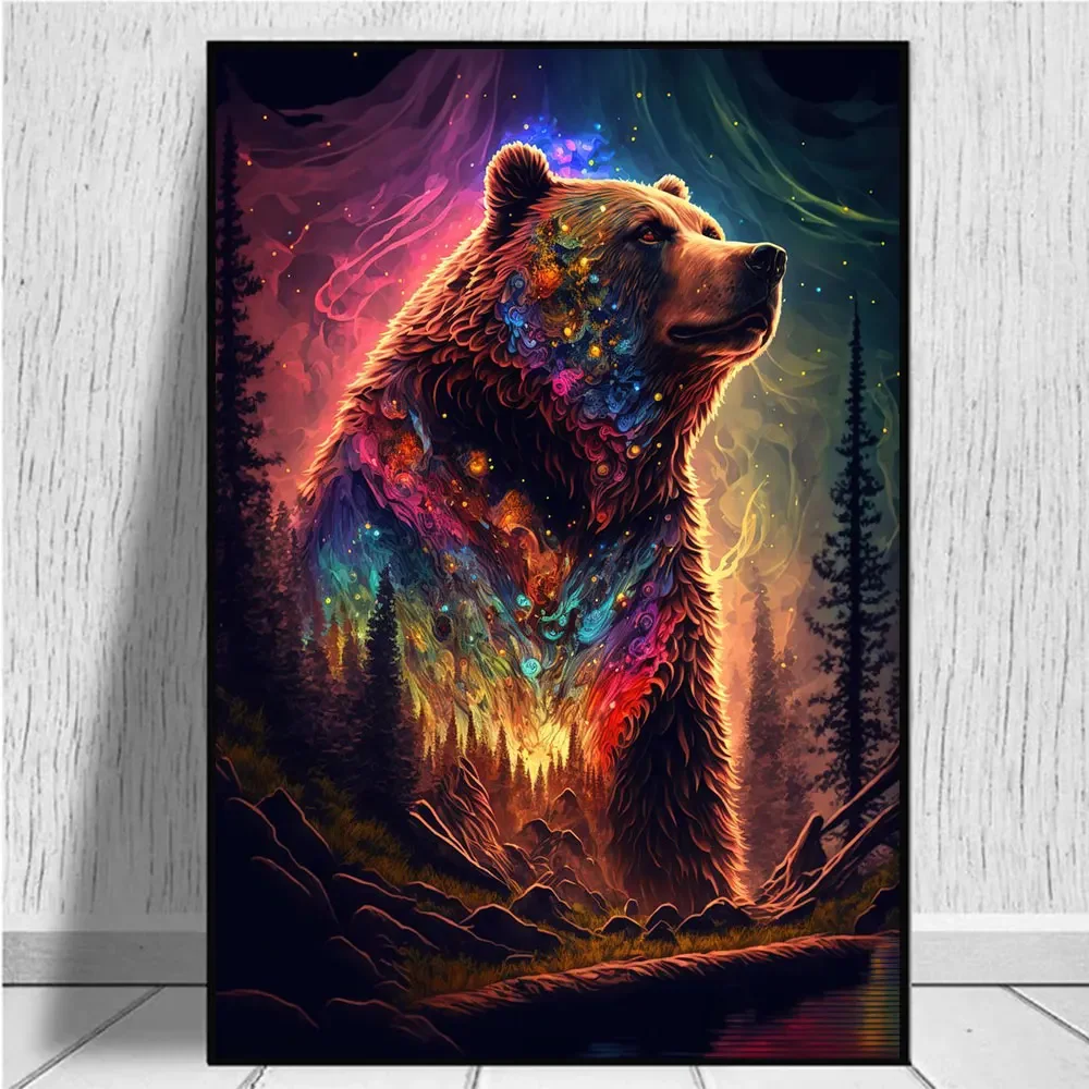 Abstract Neon Wild Animal Posters and Print Polar Bear Galaxy Canvas Painting Wall Art Pictures for Living Room Home Decor Gift