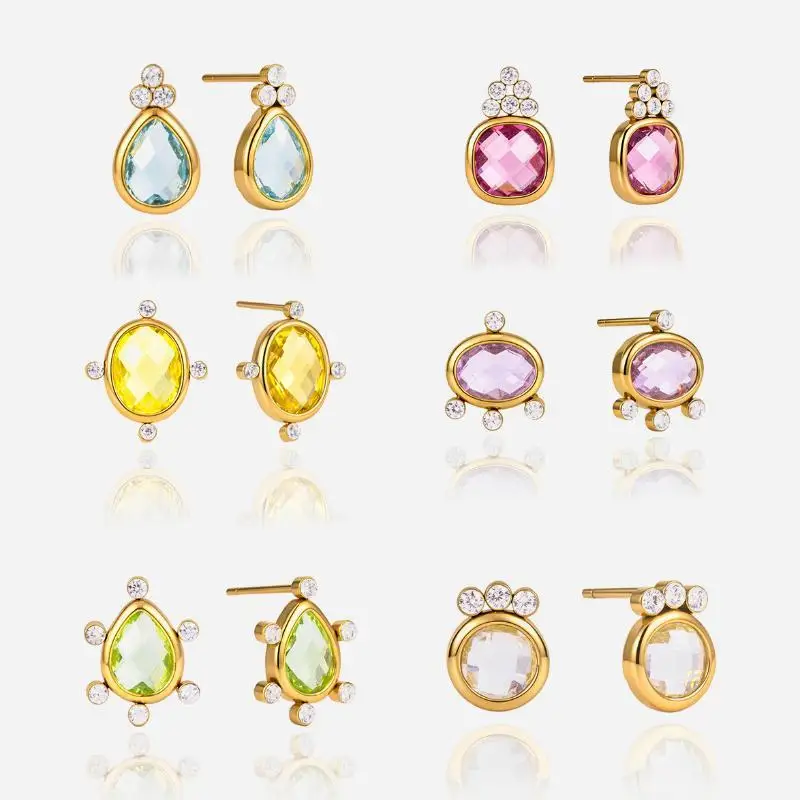 Geometric Zircon Glass Stud Earrings For Women Gold PVD Plated Stainless Steel Waterproof Earring Fashion Jewelry Gift Idea
