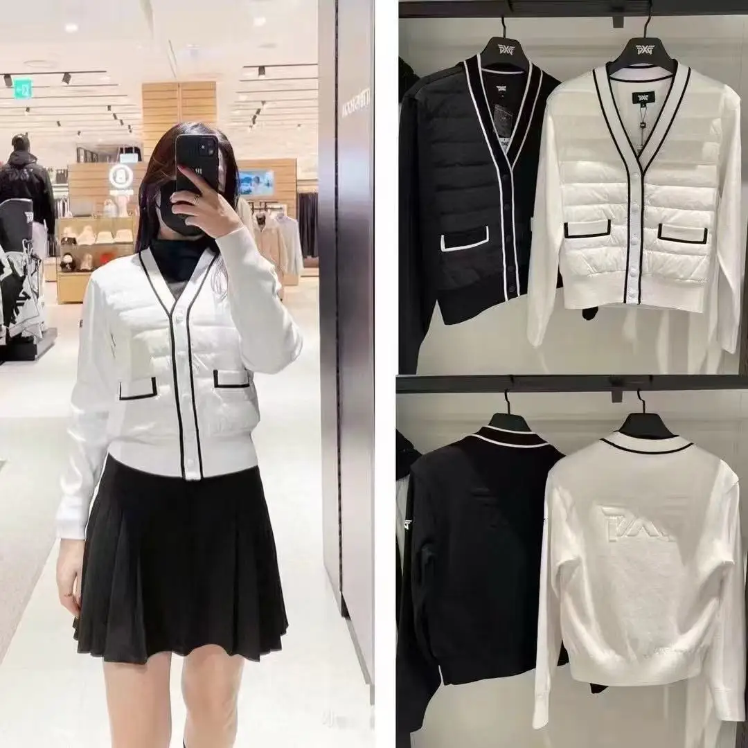 Women's Golf Cardigan 2026 Fall New Korean Style Long Sleeve Solid Color Knitted Spliced Warm Duck Down Slim Fit Versatile Soft