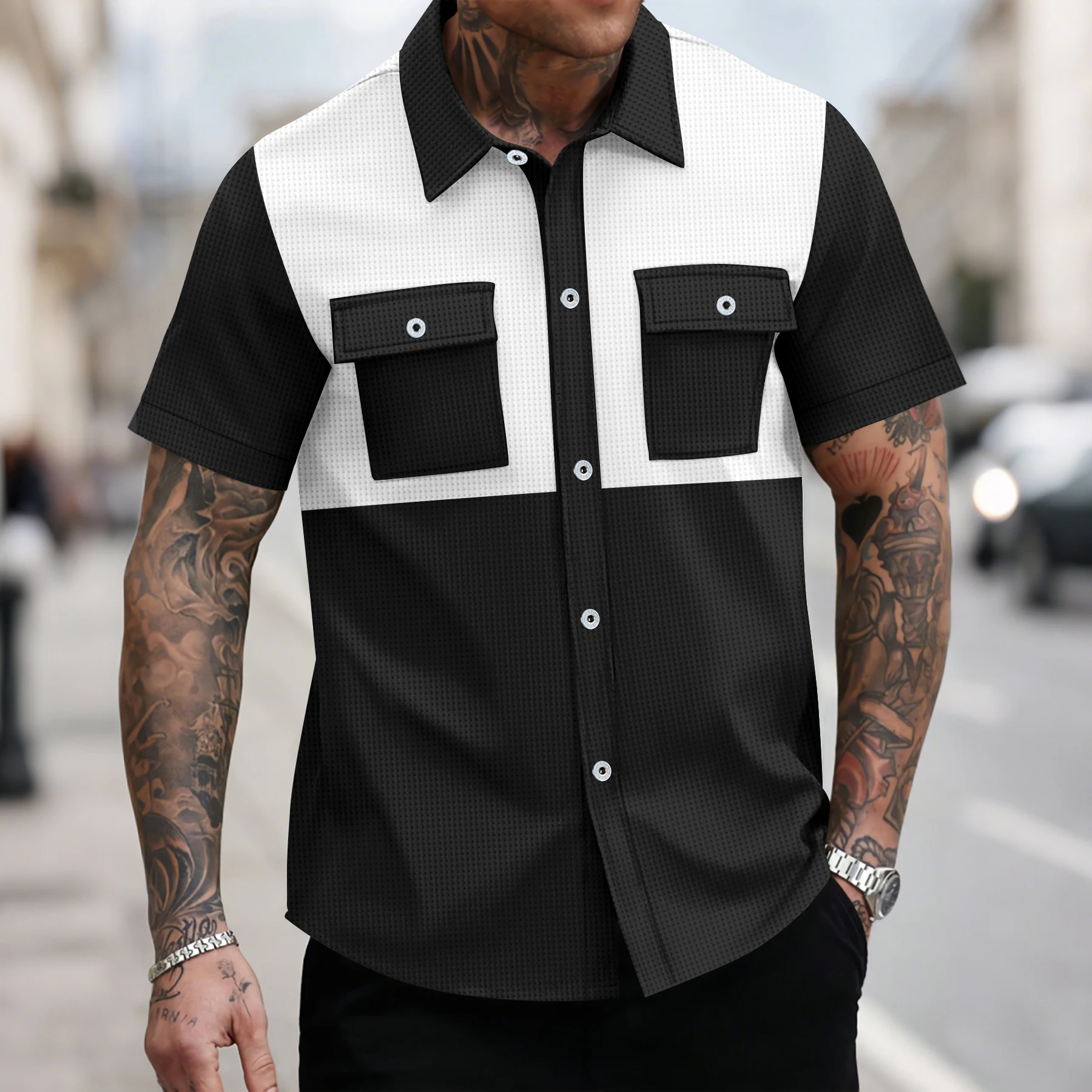 

Men's Waffle Textured Black & White Color Block Shirt with Flap Pockets Casual Work Shirt