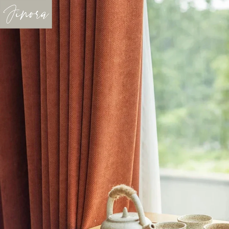 Caramel Velvet Blackout Curtains for Living Room Bedroom Herringbone Chenille Light Luxury Retro Australian Wool Custom Size