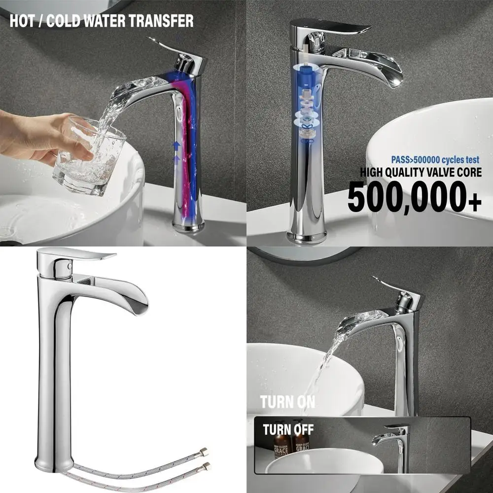 

Modern Tall Single Handle Chrome Bathroom Sink Faucet with Waterfall Spout