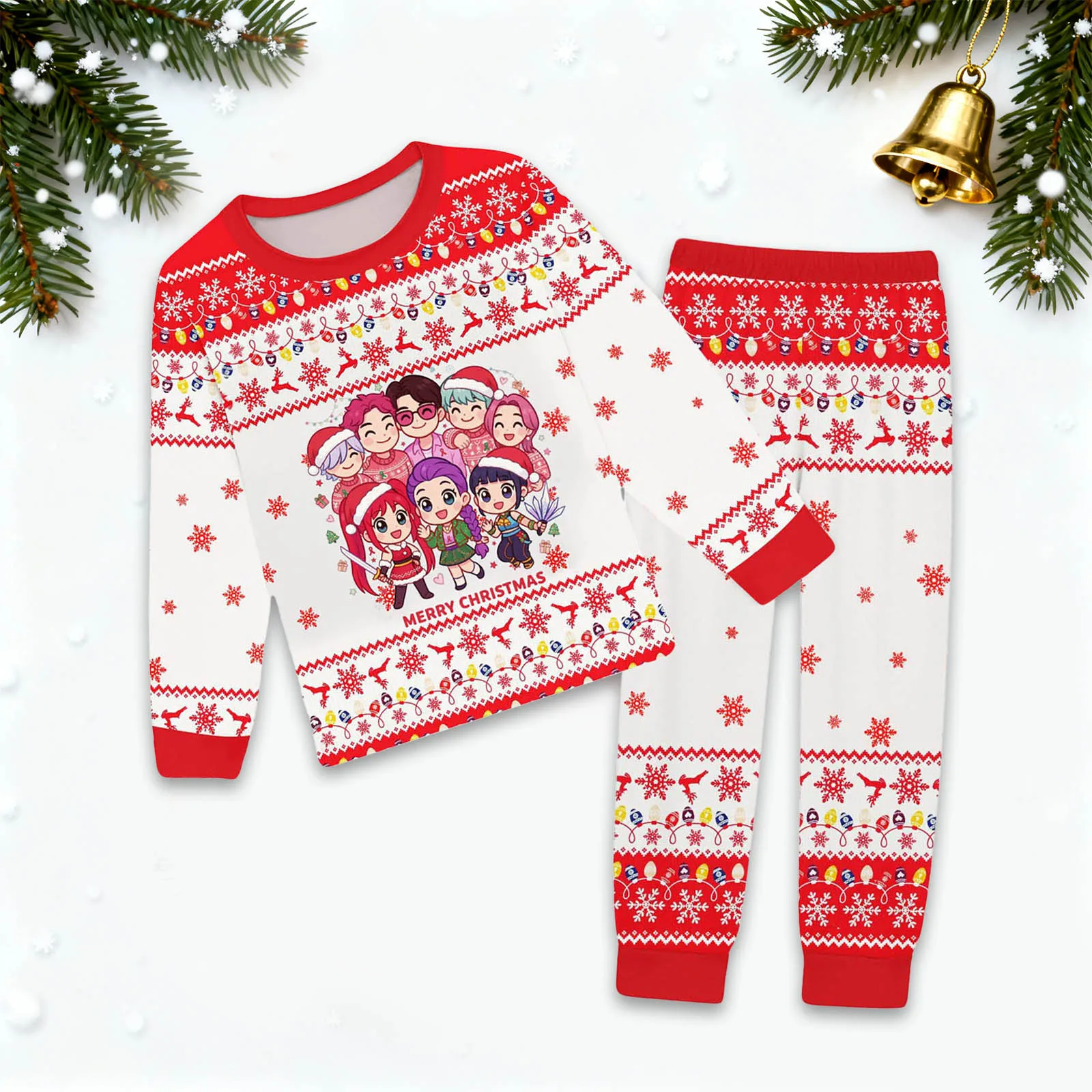 

Kpop Demon Hunter Witch Print Loungewear Set Cotton Long Sleeve Top and Pants Cute Anime Pajama Set ropa de niño 아동 상하복 세트