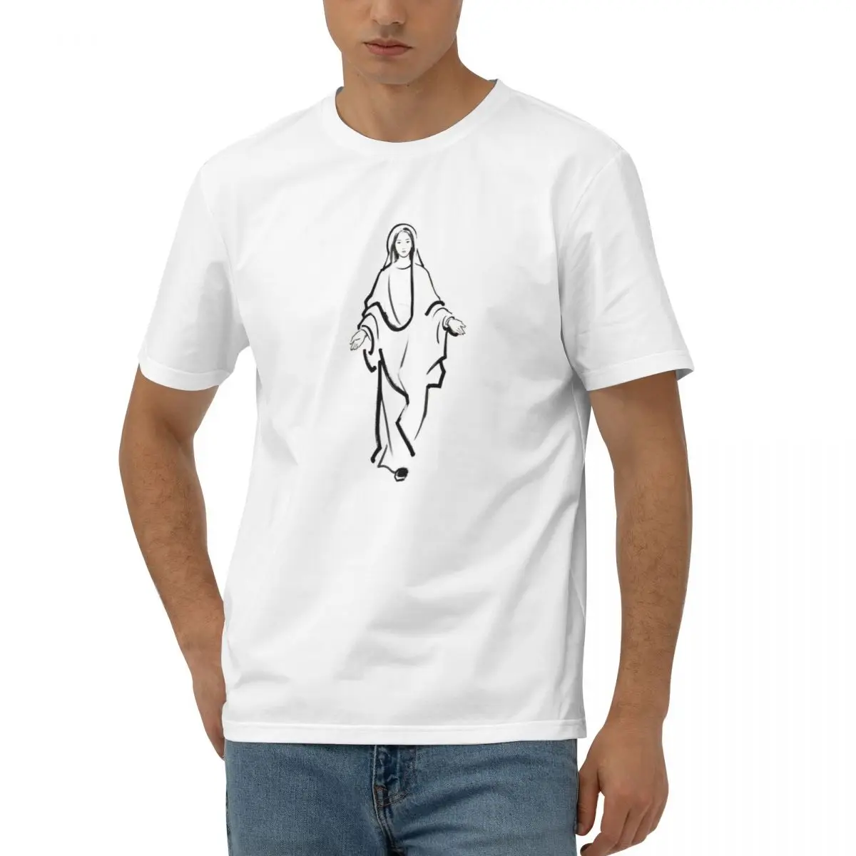 Virgin Mary Geometric Line Art T Shirt Watercolor Style Men Women Combed Cotton Elegant Top