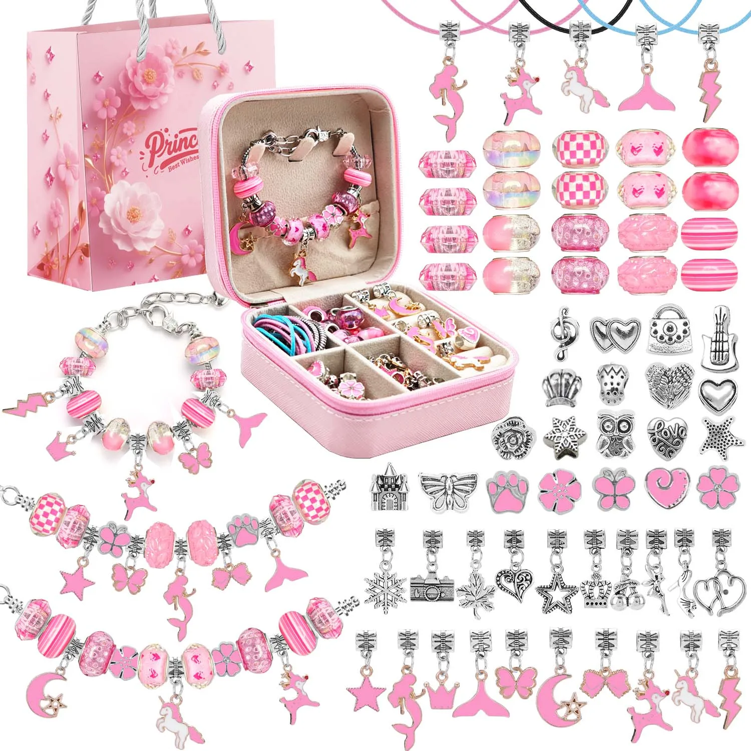 68pcs Pink Beaded Jewelry Set, Charm Bracelet Making Set with Pink Jewelry Box, for Birthday, Christmas, Chinese New Year Jewelr