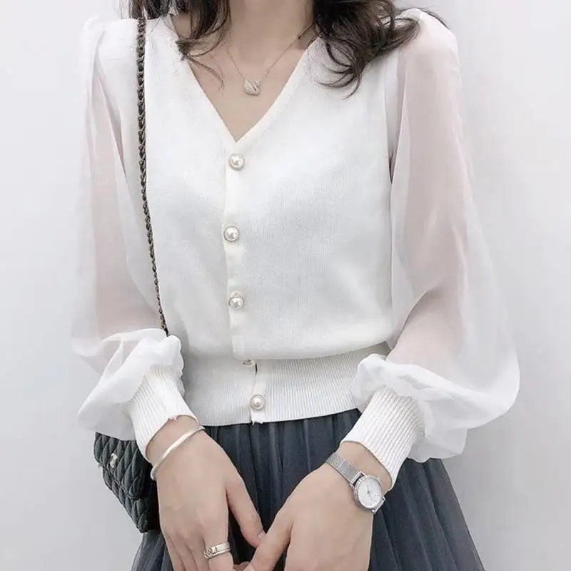 Spring Autumn Solid Color Button V-neck Gauze Long Sleeved Women\'s Clothing Fashion Casual Chiffon Thin Black White Wild Shirts