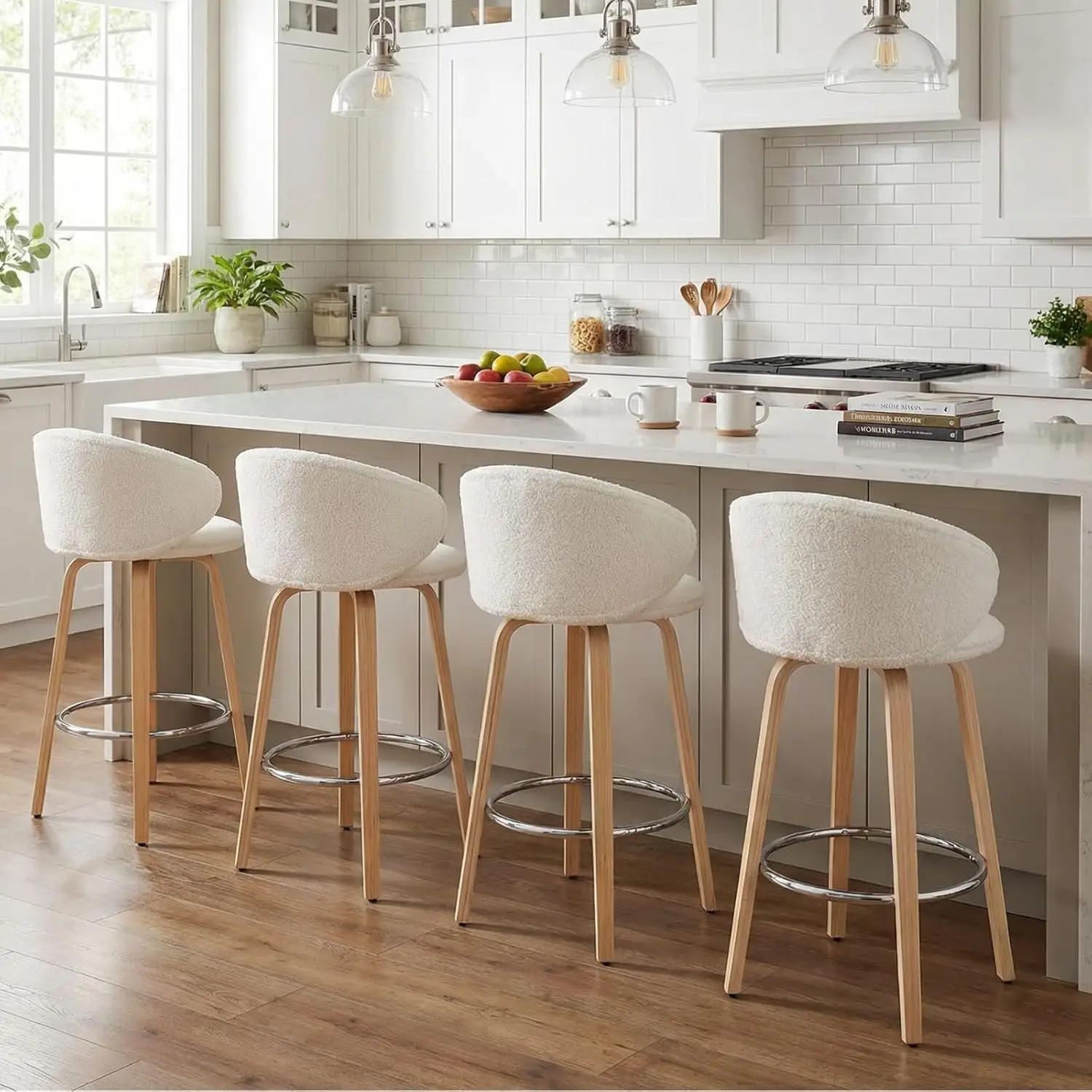 

Modern Bar Stools Set of 4, 26 Inch Counter Height Sherpa Barstools with Wooden Legs, Bar Chairs with Barrel Backrest, Custom