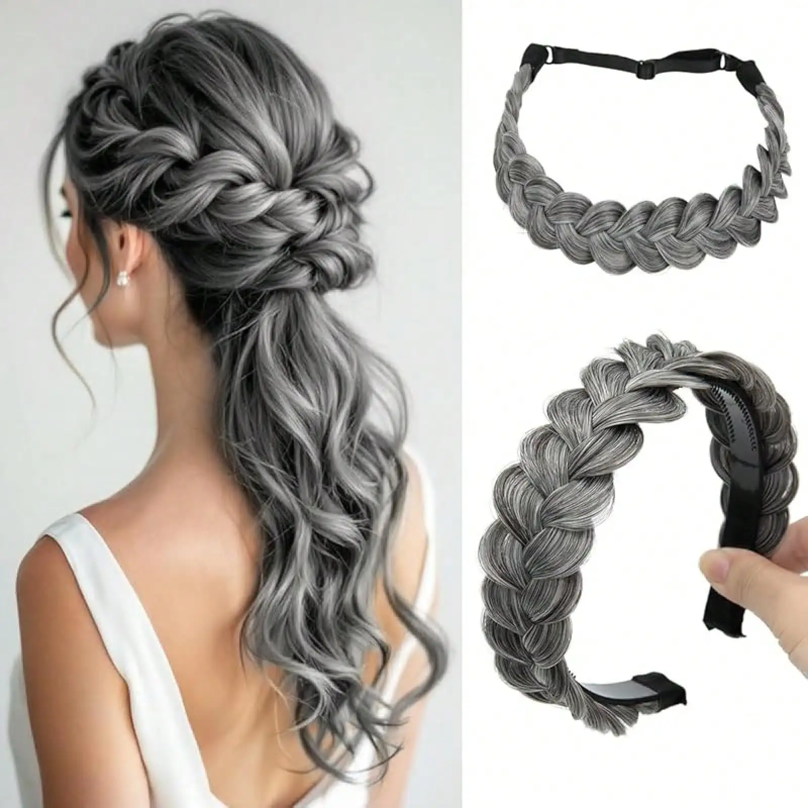 

2PCs Braided Headbands Hair Piece Women Synthetic Hair Hoops Handmade Braid Elastic Stretch Headwrap Dark Brown, Fashionable Hair Accessories BXQV