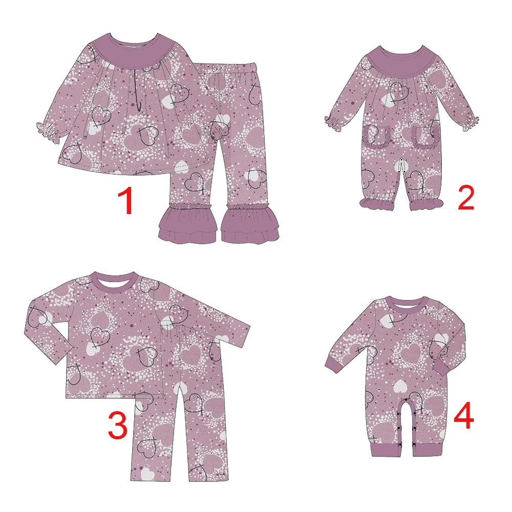 

Tot round neck ruffled long-sleeved jumpsuit with pockets purple heart print matching boys girls sets and romper