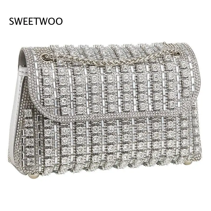 2026 Colorful Gem Full Rhinestone Long Clutch Bag Thick Metal Chain Shoulder Crossbody Purse Wedding Formal Dinner