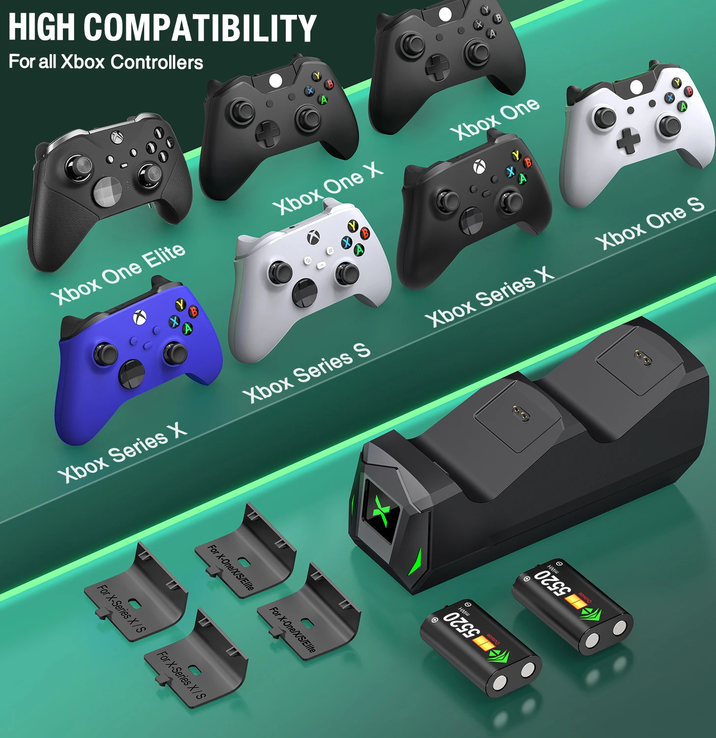 Pengisi daya pengontrol Xbox Seires X/Xbox Seires S, dengan 2 buah stasiun Dok pengisian daya Cepat baterai untuk Xbox One/Xbox One X/S/ELite
