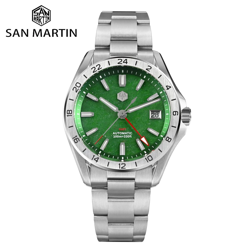 

San Martin 39mm GMT Luxury Men Watch Aventurine Gemstone Dial NH34 Stainless Steel Automatic Mechanical Wristwatch 100m SN0129