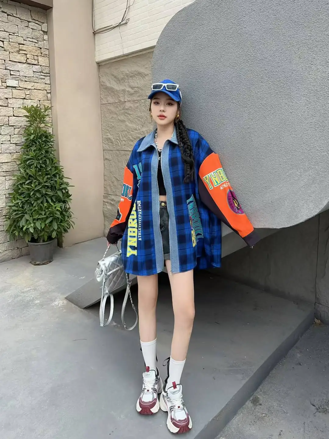 Fashion Casual Loose Letter Print Plaid Long Sleeve Shirt Women 2025 New Autumn Color Block Design Outerwear Trendy Coat