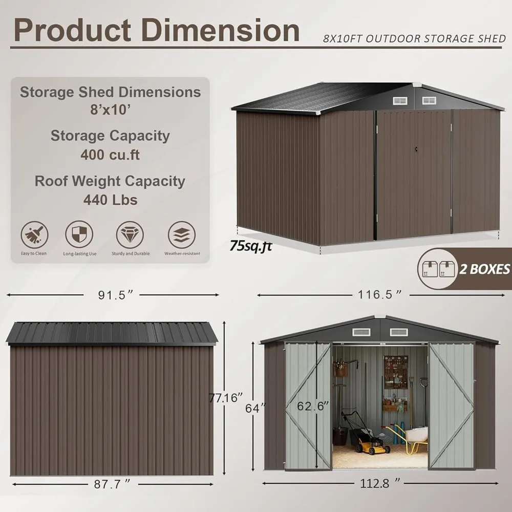 Metal Outdoor Storage Shed 9.7' x 7.6', Steel Utility Tool Shed Storage House with Door & Lock, Brown