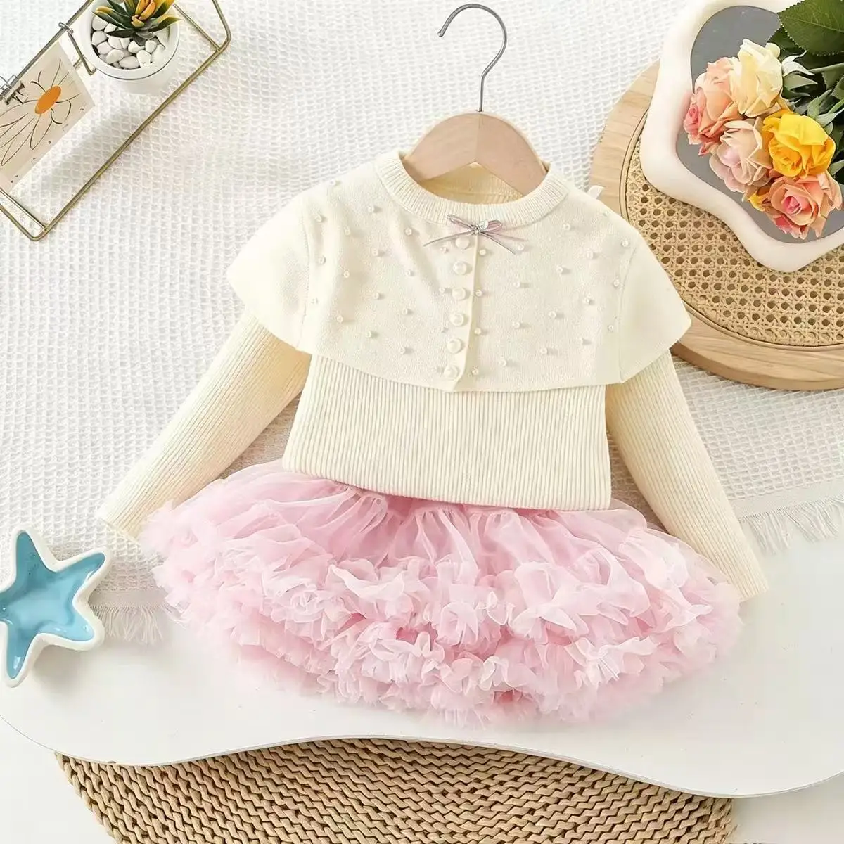 Girls Autumn Winter Set 2026 New Fashion Kids Knit Sweater Solid Color Beaded Stylish Tutu Skirt Mesh 2 Piece Outfit