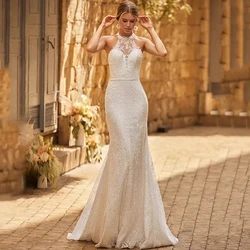 Exquisite Halter Lace Applique Wedding Dress Sleeveless Mermaid Bridal Floor Length with Belt Sexy Open Back Bride Gowns