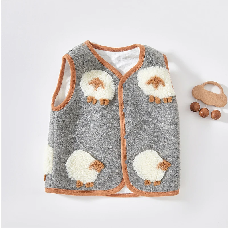 

Winter Cartoon Sheep Baby Vest Cotton Sleeveless Grey Jacket Kid Warm Thicken Windproof Coral Newborn Coat Infant Clothes Button