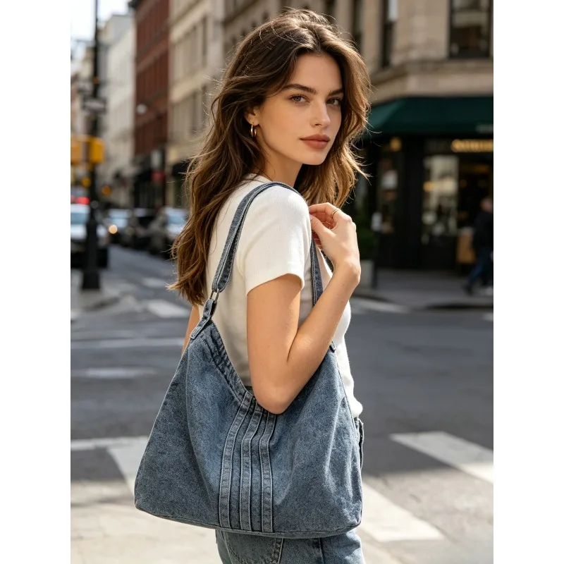 1/2pcs Women Washed Denim Bag New Arrival Literary Canvas Shoulder Bag Large Capacity Tote Bag Daily Casual Handbag