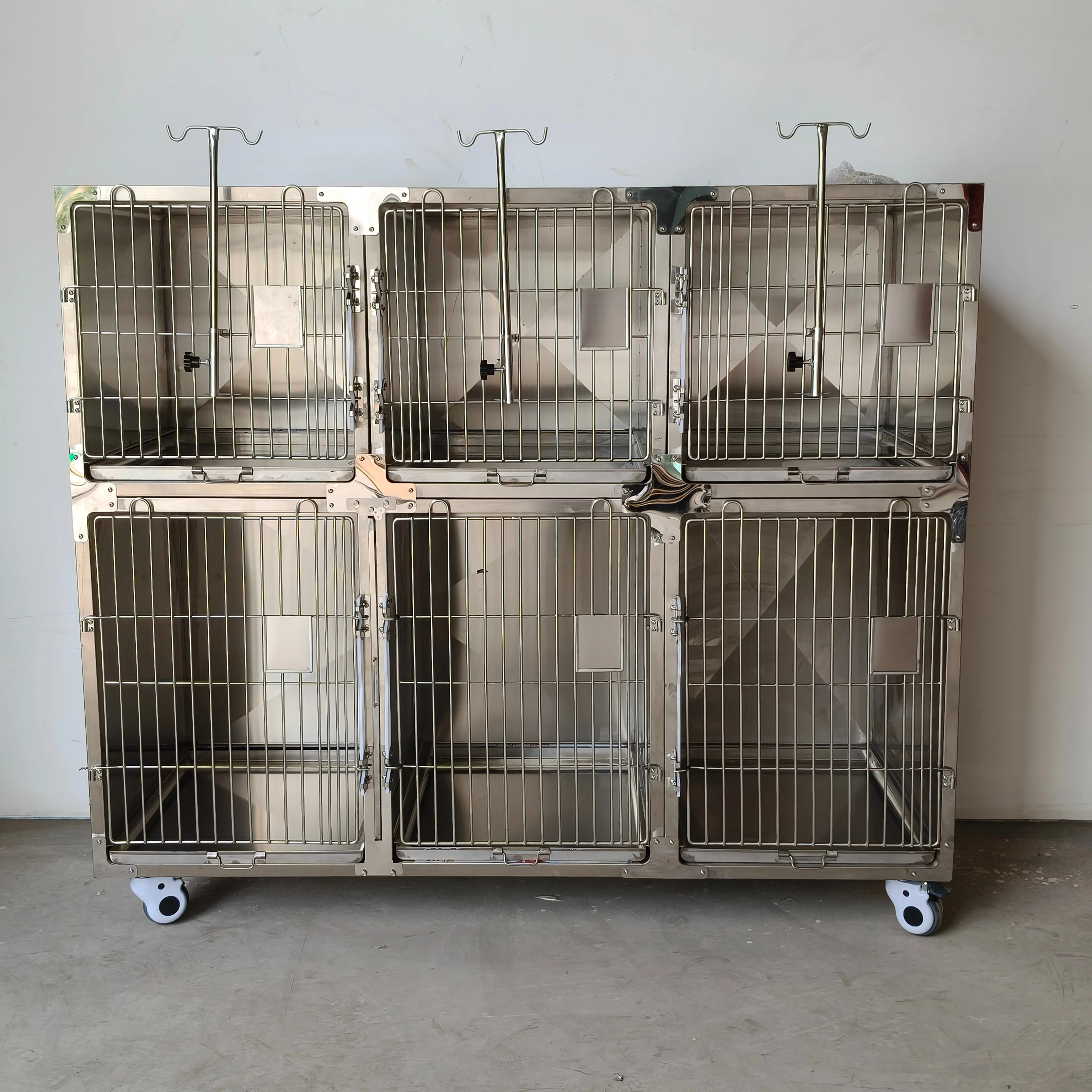 304 Stainless Steel Pet Hospital Cage Dog Cat IV Infusion Boarding Kennel Veterinary Clinic Animal Recovery Cage with Wheels