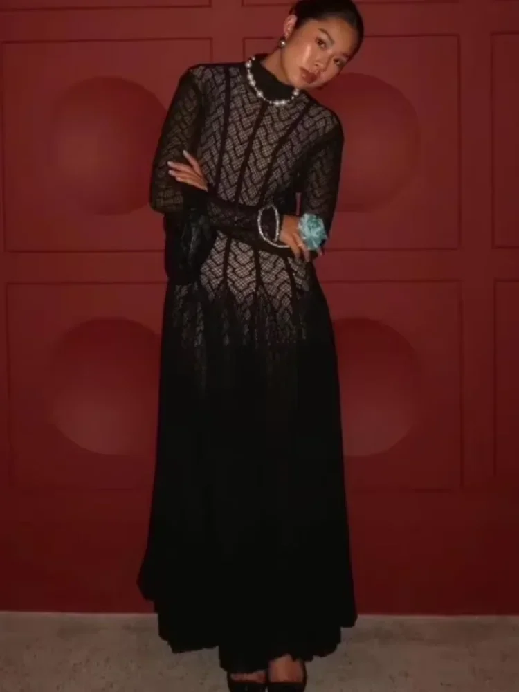 

Elegant See Through Dresses For Women Chic Slim Fit Crochet Long Sleeve Hollow Out Ruffle A-line Vestidos New Summer Lady Gown