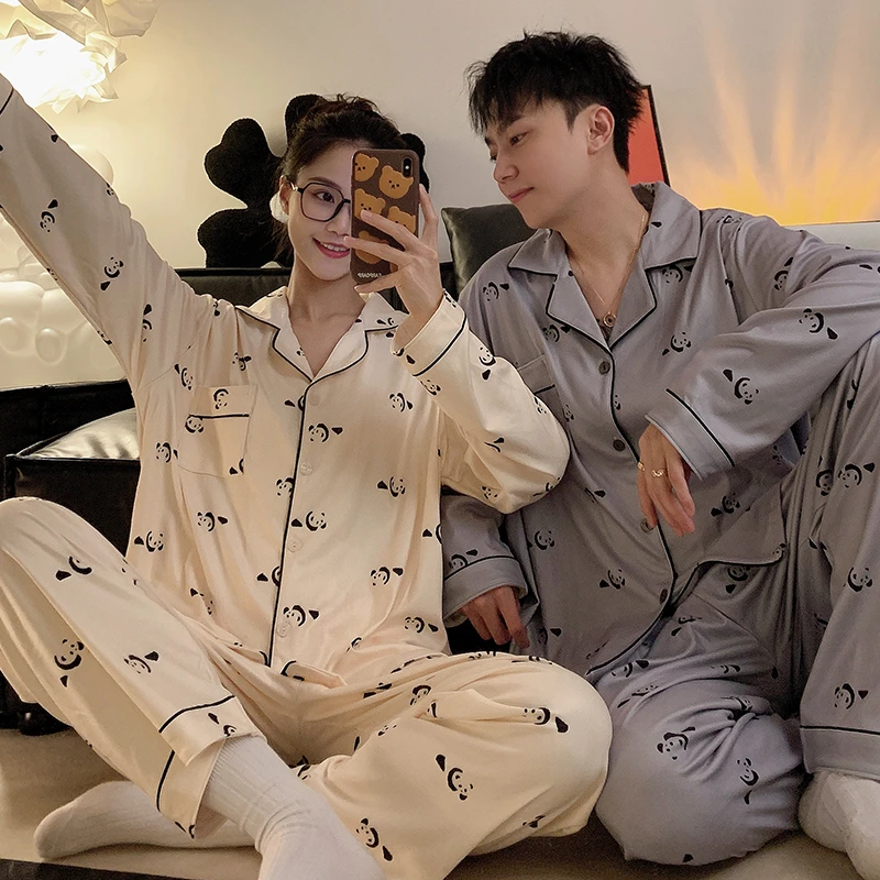 Pajamas Women Pajama Man Set Cotton Plus Size Spring Autumn Long-sleeved Korean Cardigan Casual V-neck Nightwear Couple Pyjamas