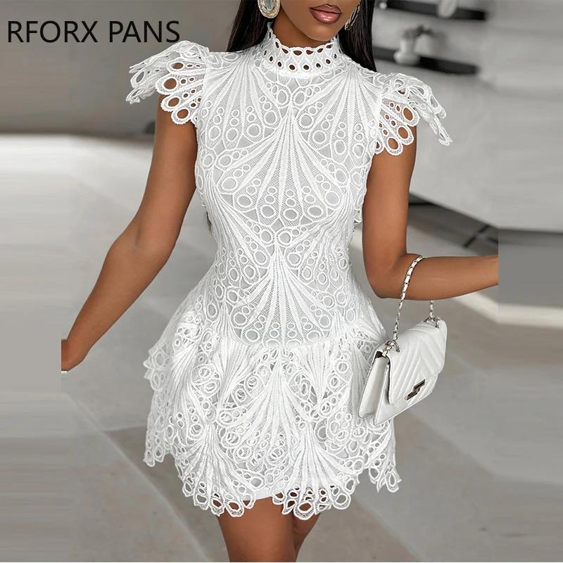 2024 Women Solid Small Flying Sleeves Hook Flower Hollow Stand Collar Mini Formal Party White Dress